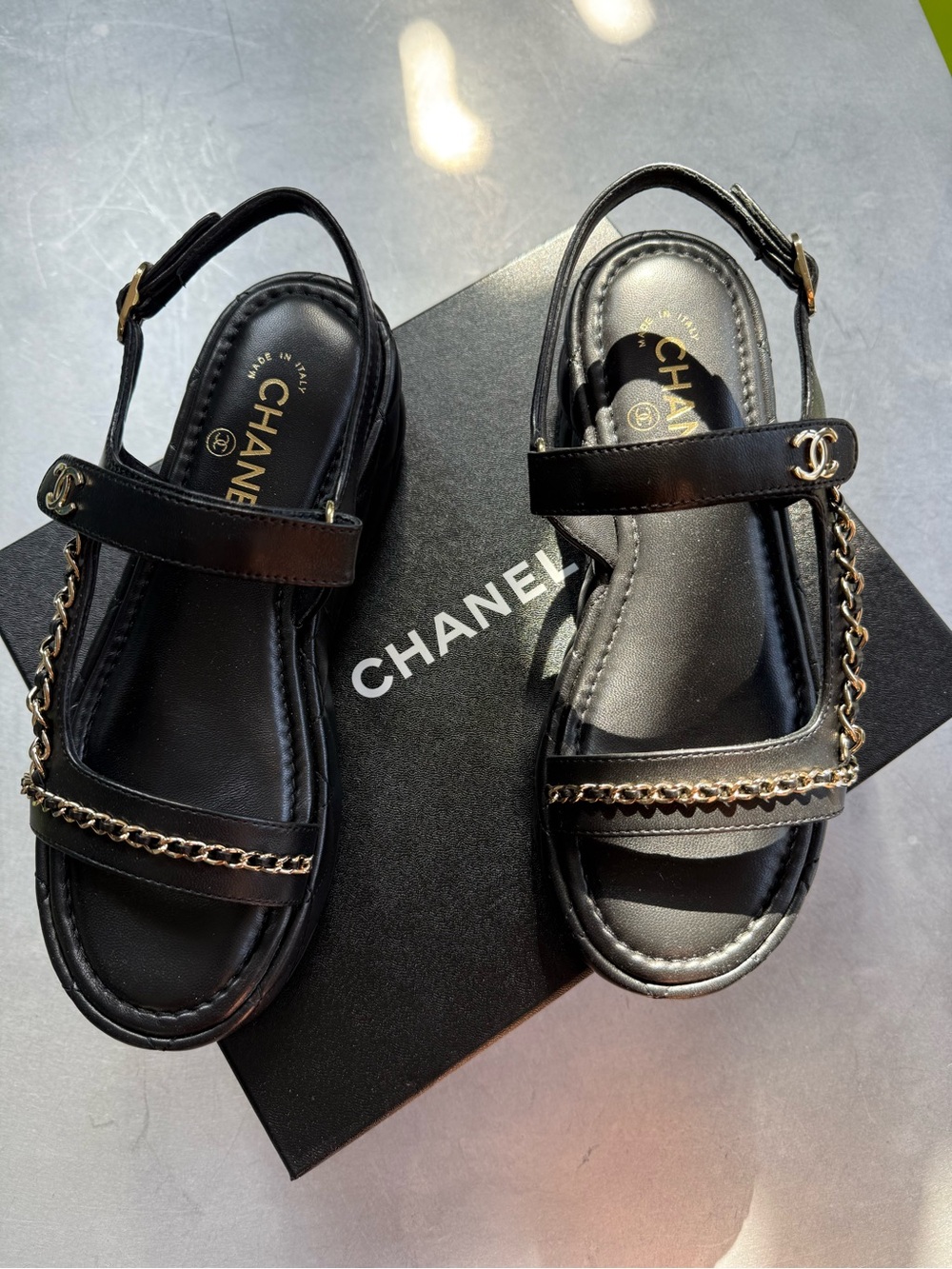 CHANEL Black Leather Chain-Trim Slingback Sandals